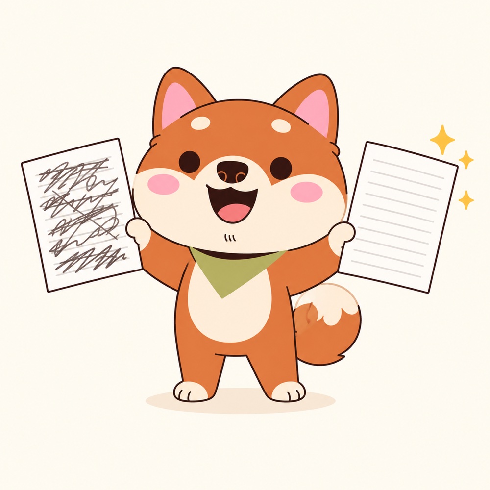 柴犬舉起寫滿字嘅考卷同乾淨空白考卷